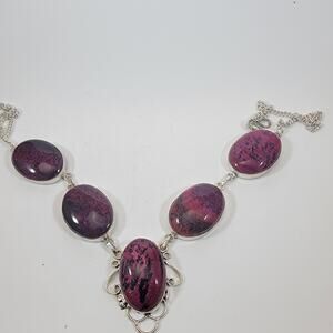Handmade Rhodonite Gemstone Necklace Sterling Silver Elegant Purple Pink Jewelry